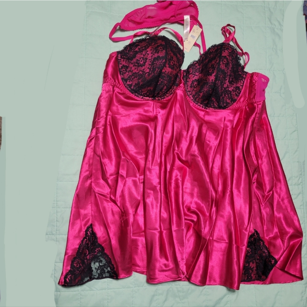Cacique Lace Silk Black Hot Pink Magenta Lingerie  Bonus bottoms, 22-24  NEW